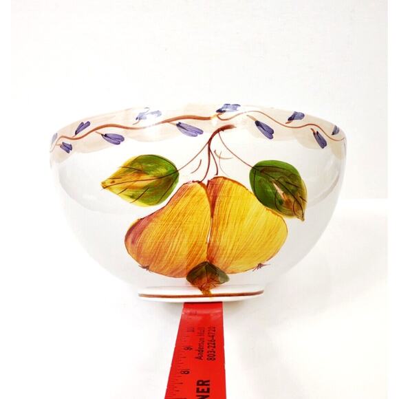 Large Hand Painted Pears Vines Tuscan 9 in Round Serving Bowl Salad Vegetable - Picture 7 of 11